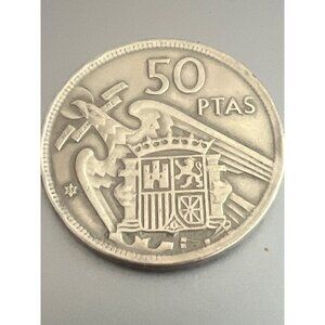 1957 Spain 50 Pesetas Coin Francisco Franco Coat Of Arms Collectible Currency